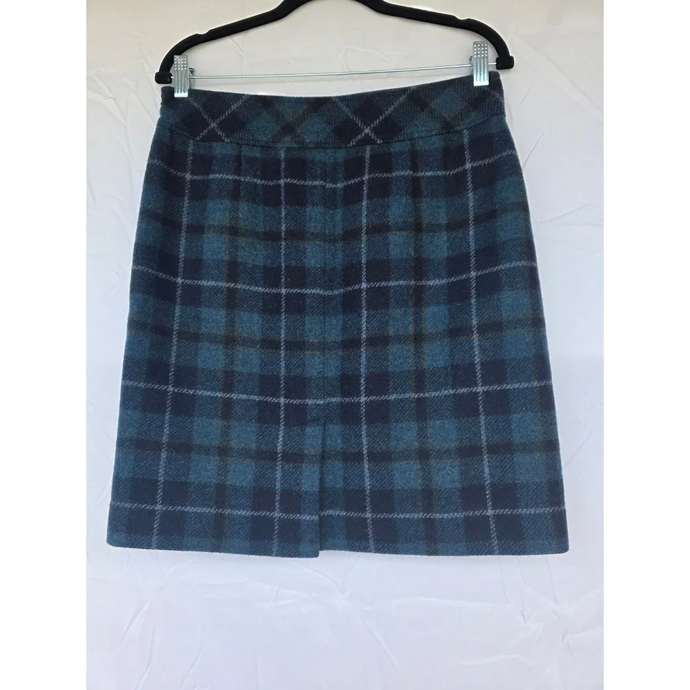 LL Bean Blue Green Plaid Wool Blend Skirt Womens 8 Petite Pencil Skirt Vintage‎